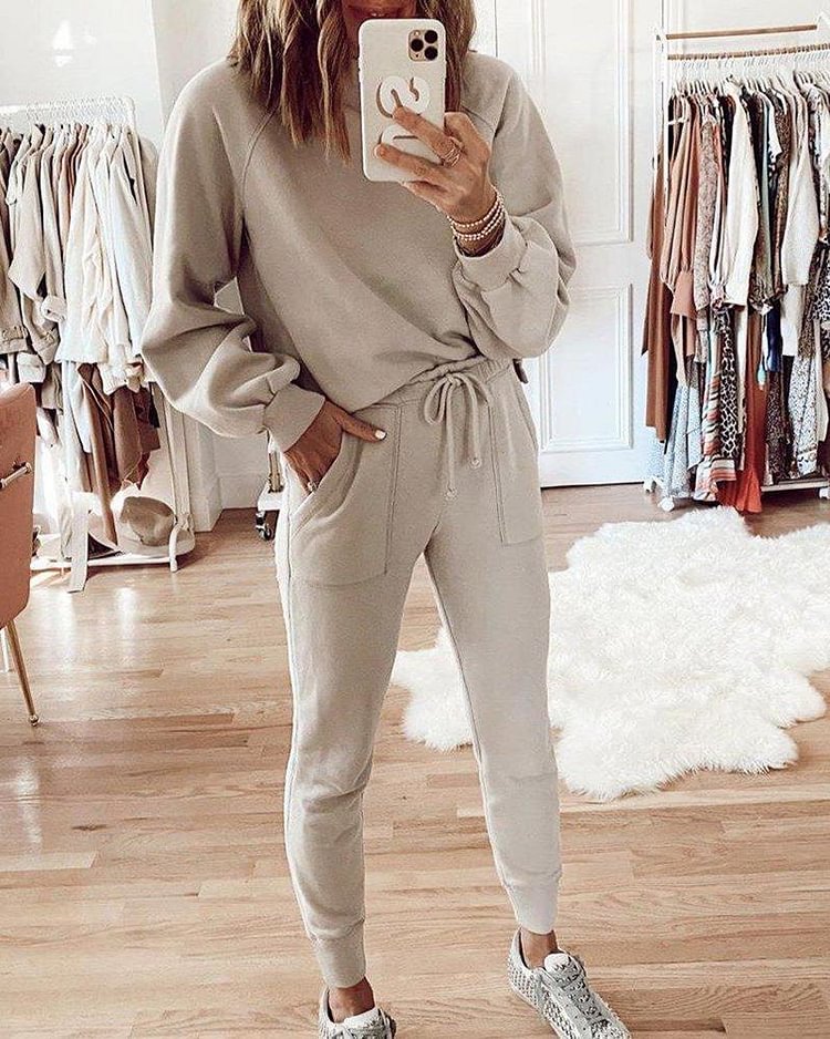 Sporty Plain Long Sleeve Top & Drawstring Pocket Pants Set P15447
