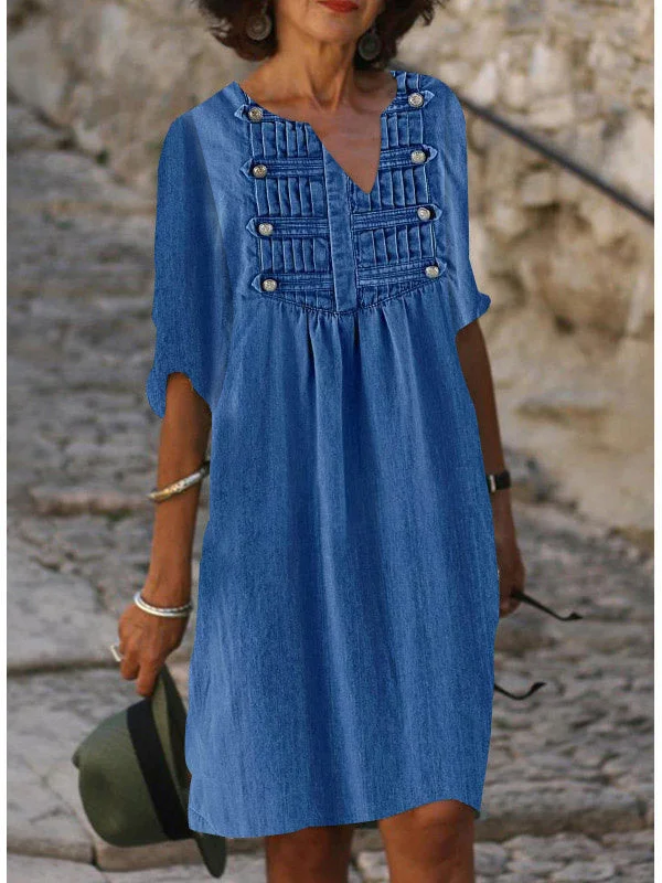 Women Half Sleeve V-neck Graphic Pockets Midi Dress