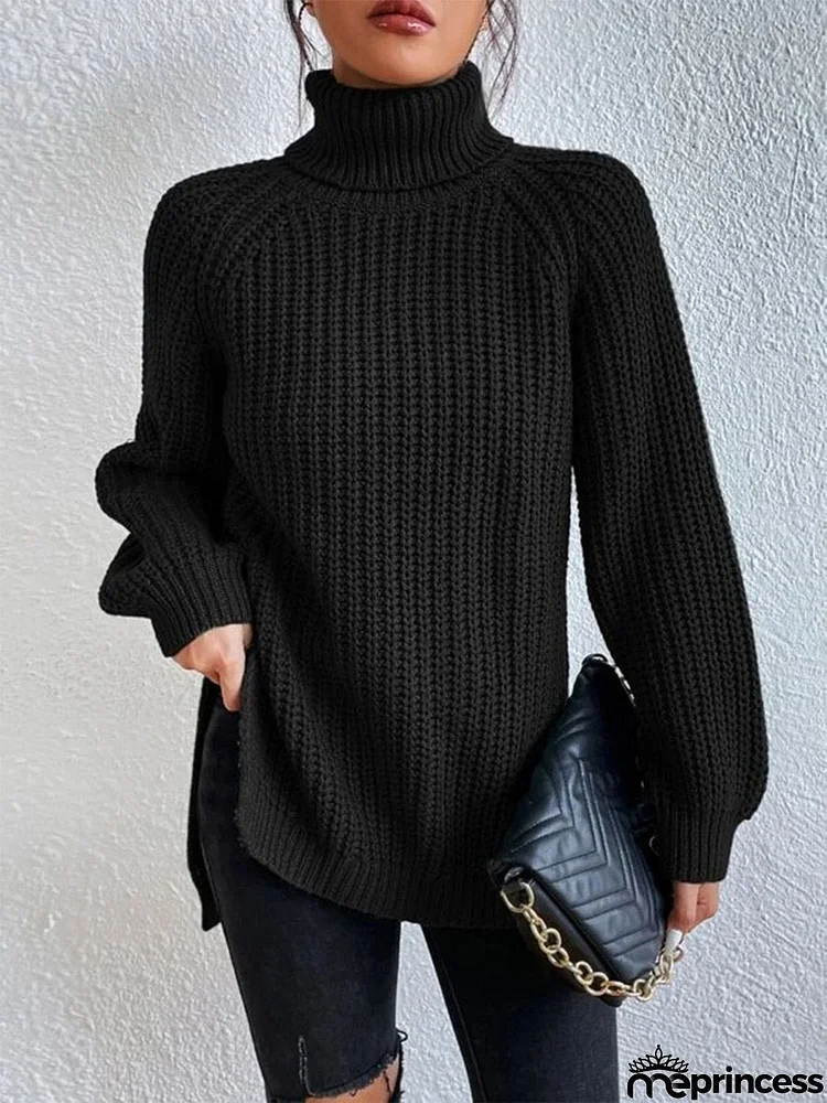 Full Size Turtleneck Rib-Knit Slit Sweater