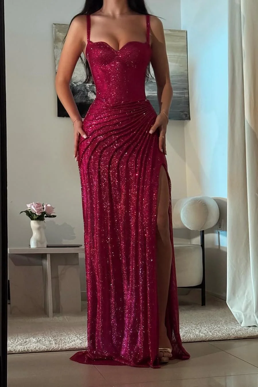 Merlot Red V-Neck Spaghetti Straps Sleeveless Long Pleated Sheath Prom Dress With Sequins And High Split | MS0811 Wellcucu