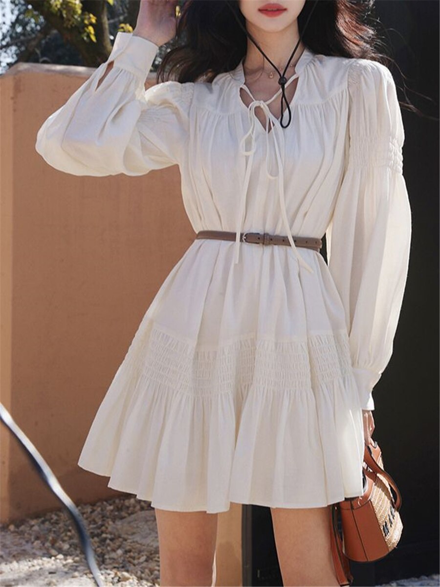Lantern Sleeve Stand Collar Belted Midi Dress White