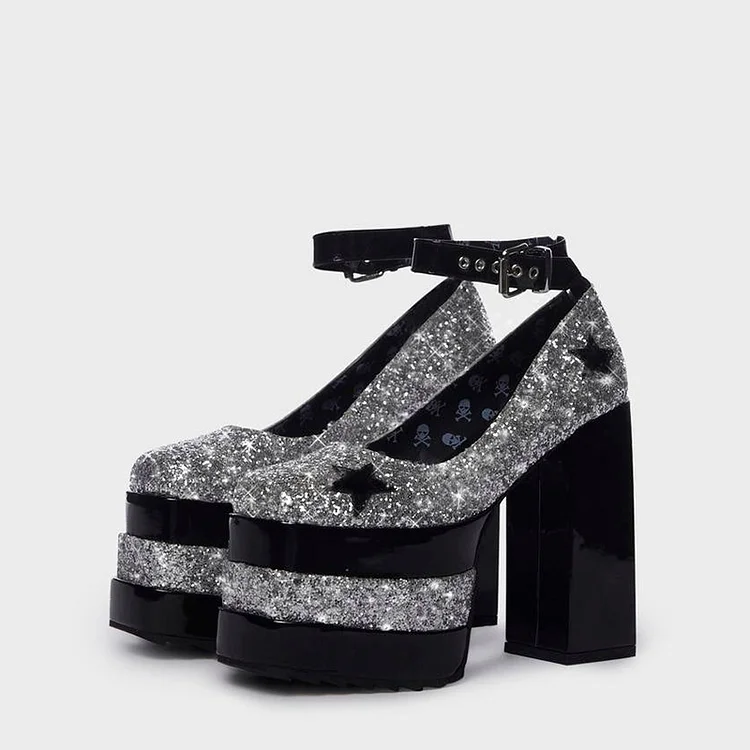 Elegant Platform Chunky Stars Heel Mary Jane Y2K Shoes Glitter Pumps |FSJ Shoes