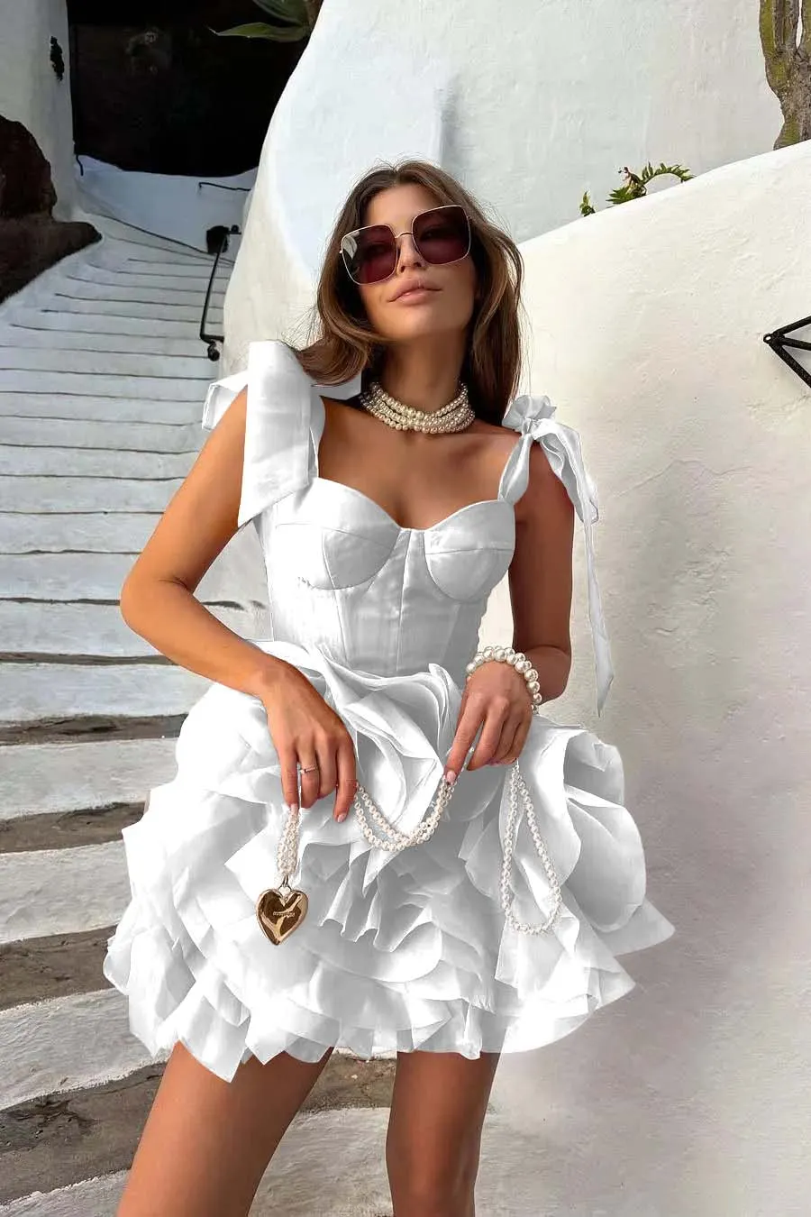 Lussooy Chic Pink Wide Shoulder Straps Sleeveless Short Prom Dress with Ruffles