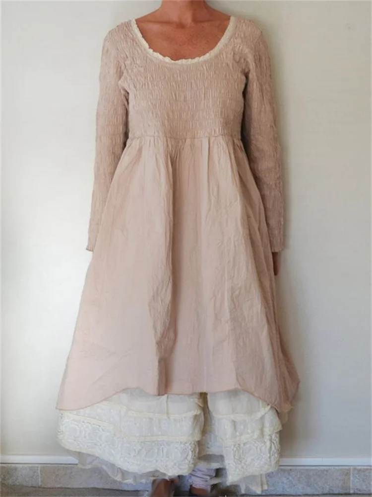 Vintage Smocking Pleated A Line Maxi Dress