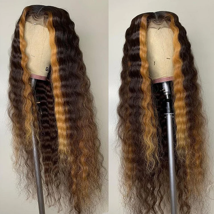 Ombre Light Brown Highlights Deep Wave Curly Lace Frontal Wig