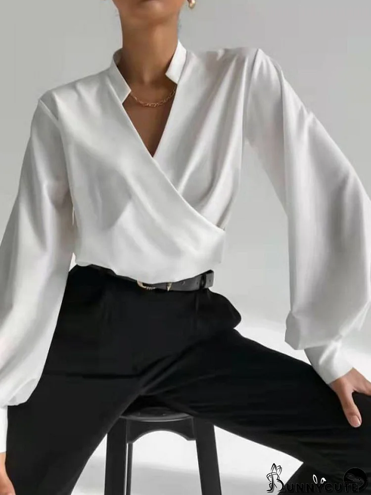 Urban Solid Color Puff Sleeve V-Neck Blouse Top