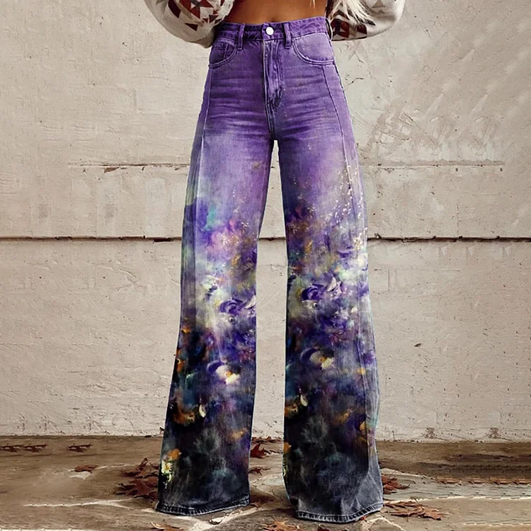 Comstylish Women's Vintage Oil Painting Floral Casual Wide Leg Jeans