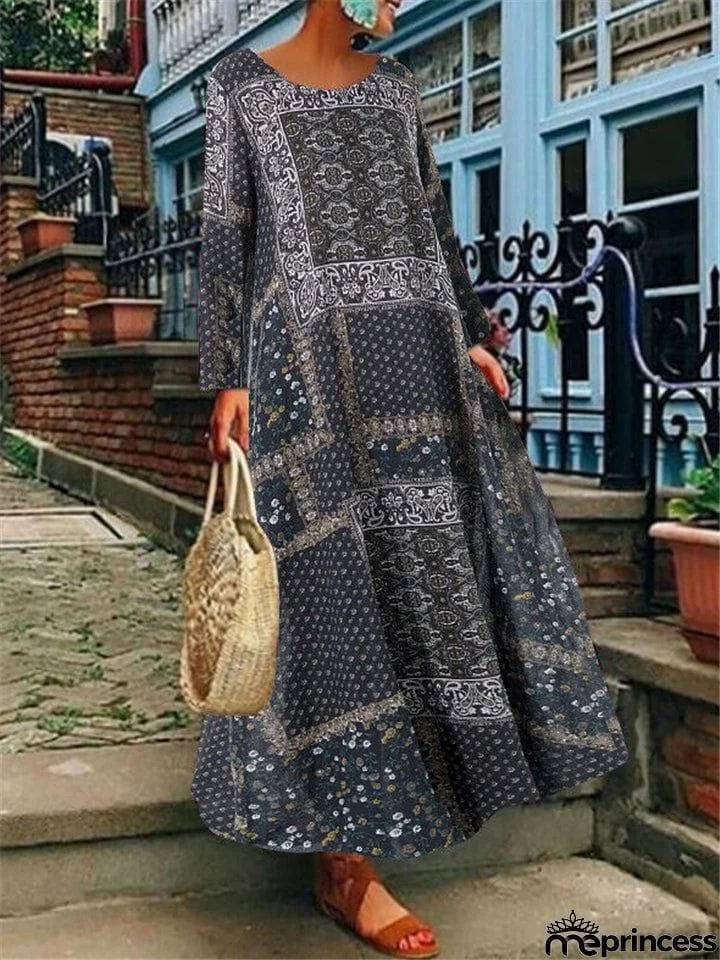 Bohemian Artsy Print Cotton Linen Long Sleeve Maxi Dress For Women