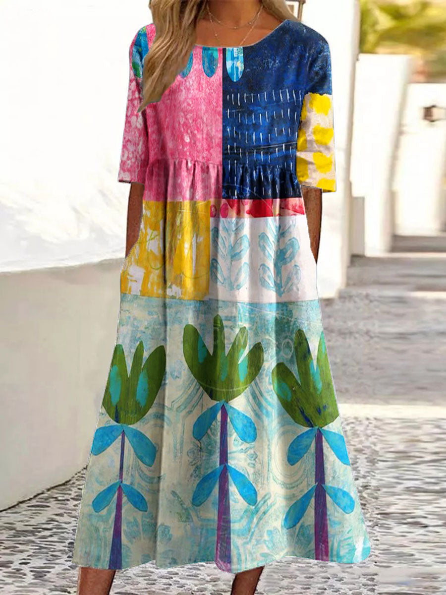 Women's Vintage Abstract Geometric Flower Art Print Pocket Cotton Dress