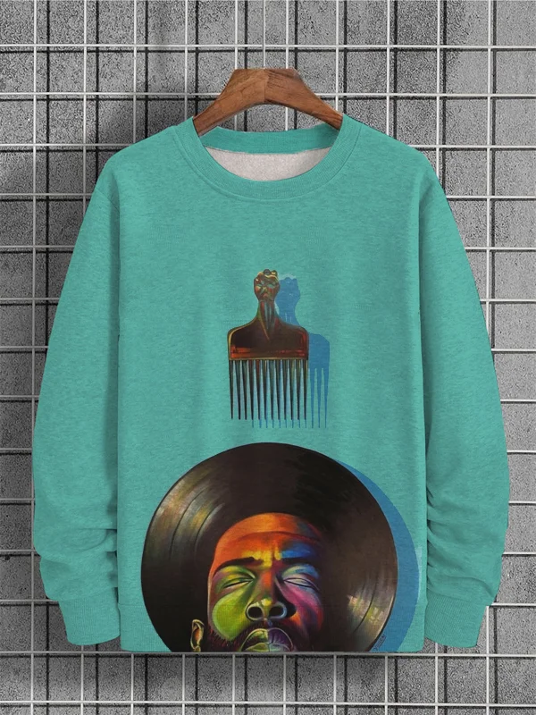 Men's Afro Comb Vinyl Record Print Casual Sweatshirt