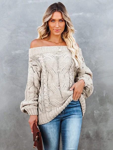 Vintage Long Sleeves Loose Solid Color Off-The-Shoulder Sweater Tops