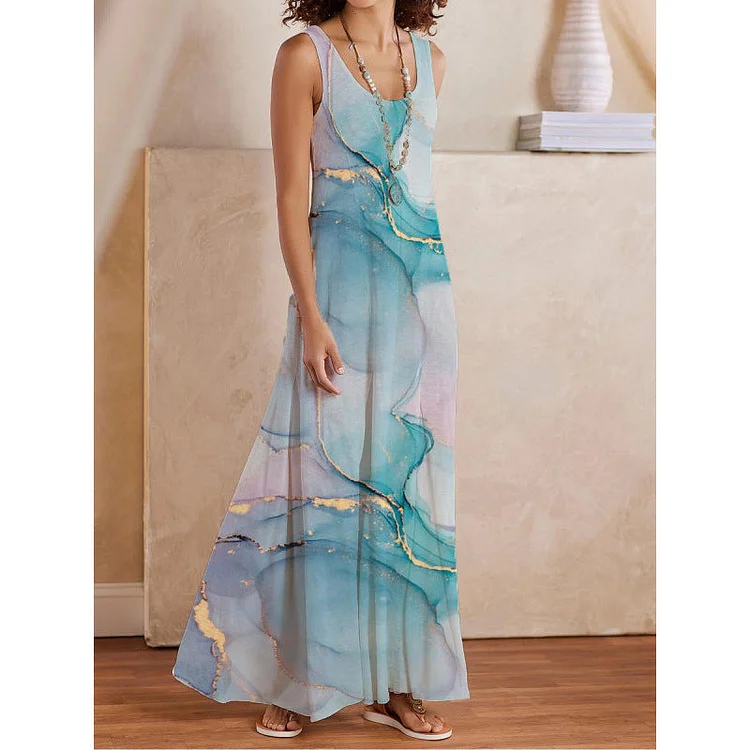 Vintage Marble Print Crew Neck Sleeveless Maxi Dress socialshop