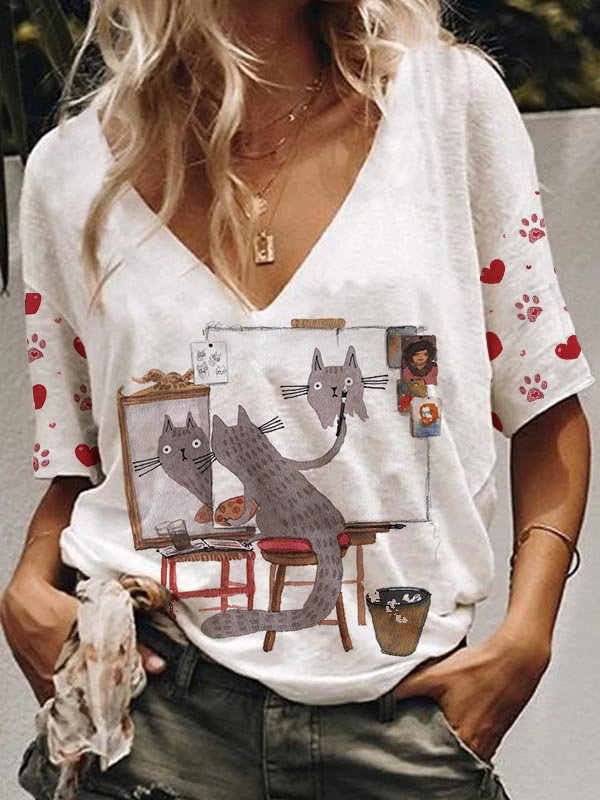 Cat Self-Portrait Printed V-Neck Tee
