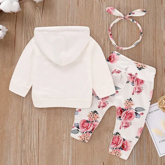 【0M-18M】Girls' Cute Floral Print Hooded Top + Pants + Headband Three-Piece Set