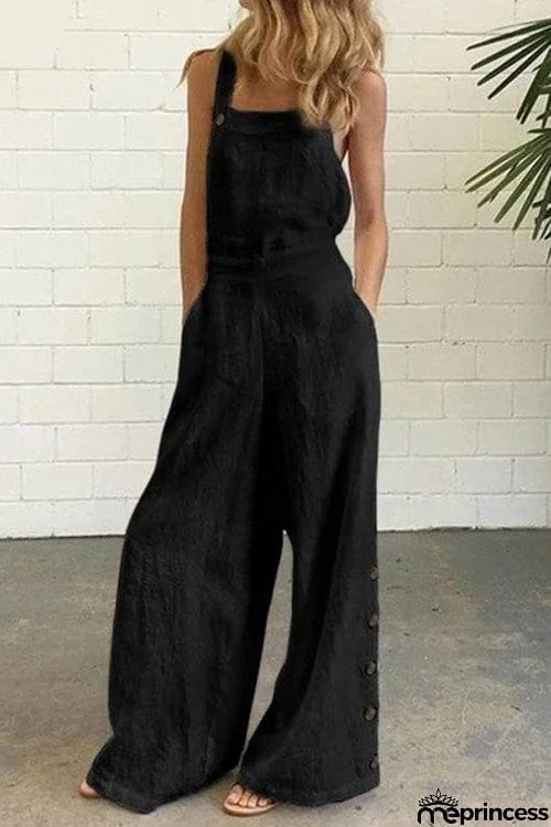 Sleeveless Side Pocket Relaxed Wide Leg Side Button Jumpsuit