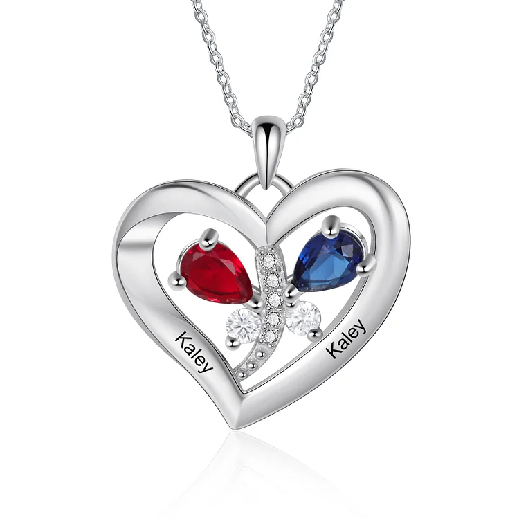Personalized Heart Necklace with 2 Birthstones Butterfly Necklace