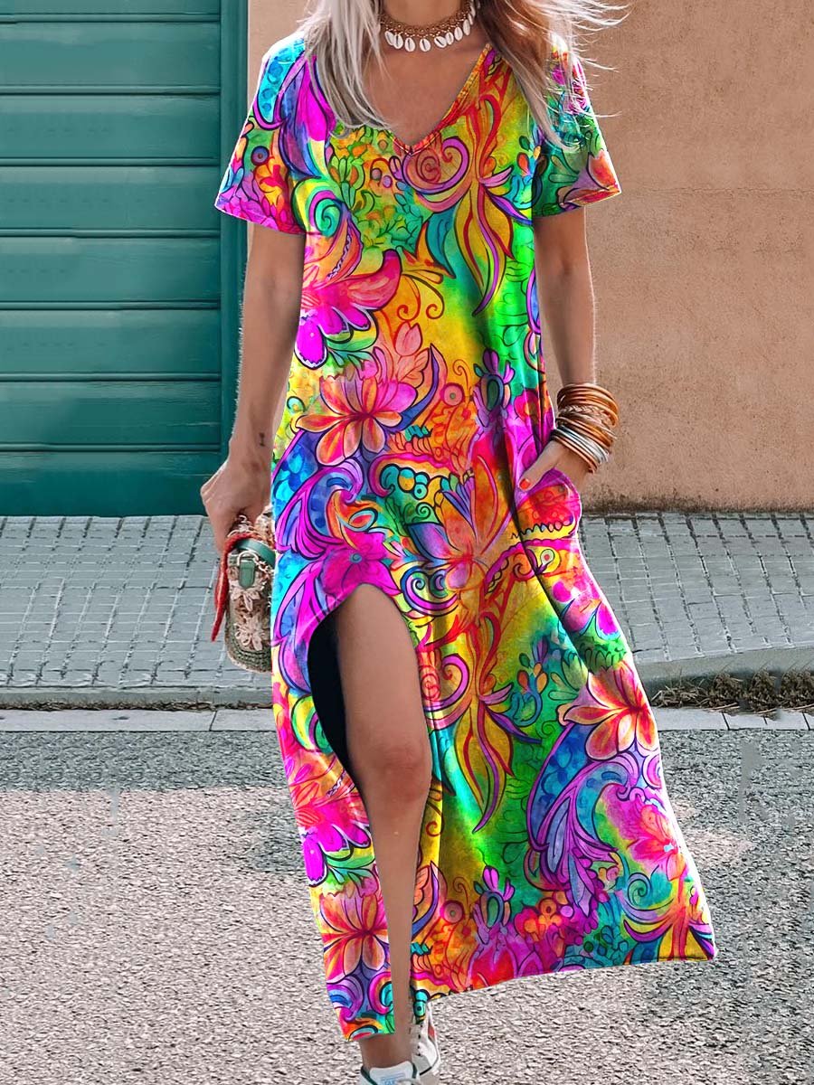 Women's Hippie Psychedelic Art Print V-Neck Casual Maxi Dress