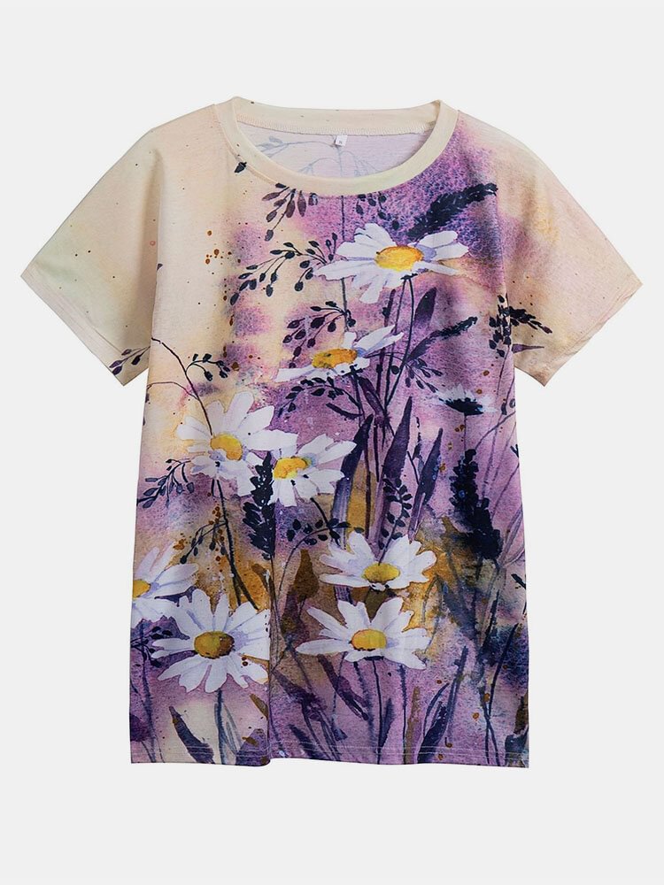 Short Sleeve Flower Print O neck Casual T shirt for Women P1858595