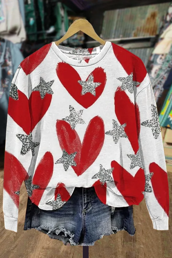 Heart And Stars Print Valentine's Day Sweatshirt