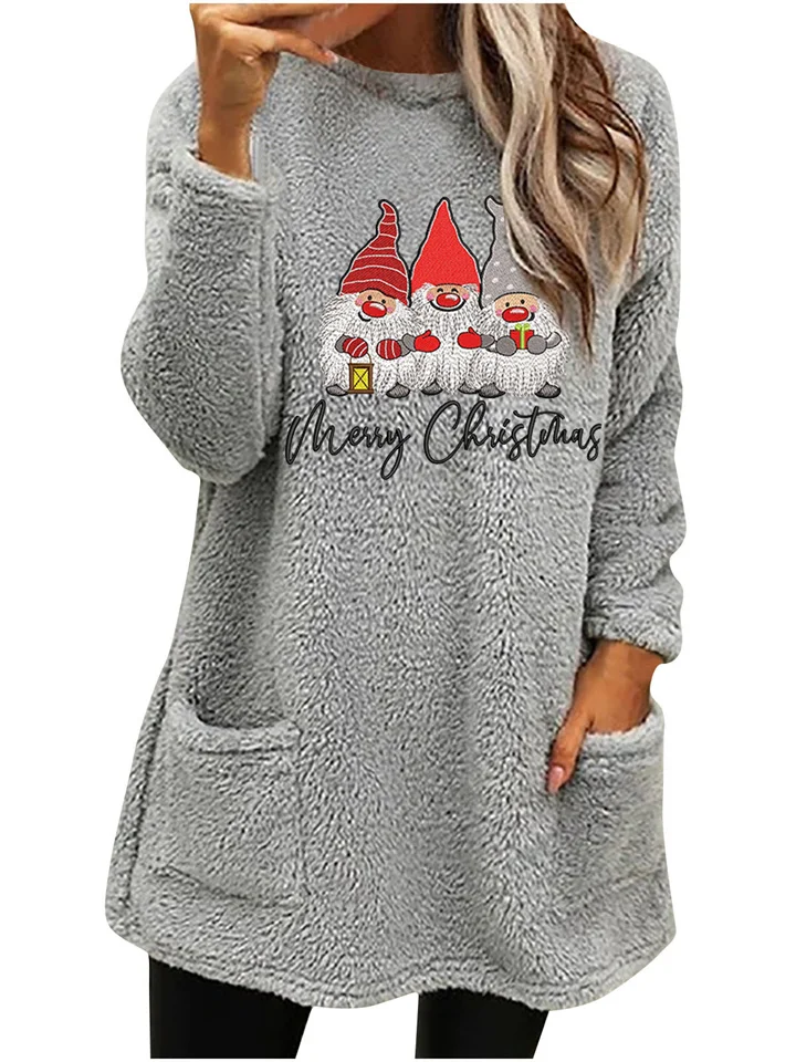Women's New Fall and Winter Loose Long-sleeved Christmas Snowman Print Double-sided Velvet Pocket Round Neck Sweater