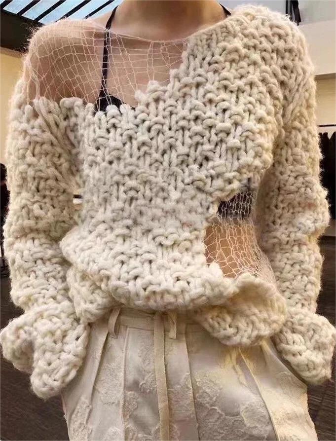 Art Beige V Neck Embroideried asymmetrical design Patchwork Fall Knit sweaters main image 0