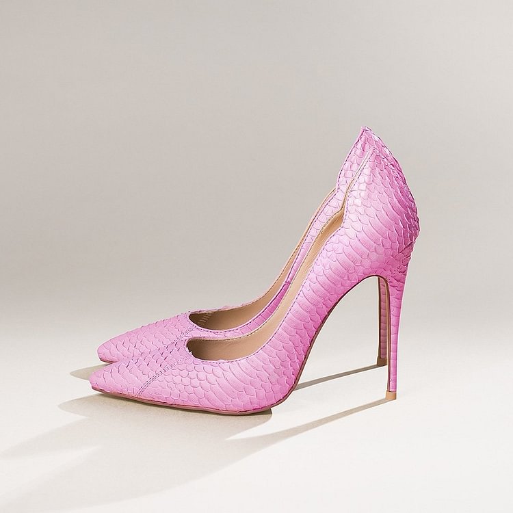 Women's Pink Pointy Toe Stiletto Heels Python Printed Pumps |FSJ Shoes