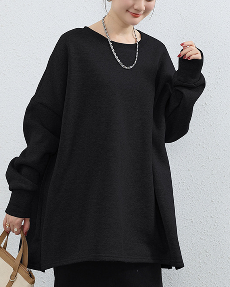 Long Sleeve Round Neck Solid Color Oversized Sweatshirt
