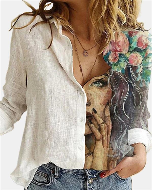 Cartoon Printed Patchwork Lapel Collar Button Long Sleeve Blouse