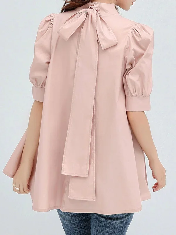 Half Sleeves Loose Bowknot Pleated Solid Color Mock Neck Blouses&Shirts Tops