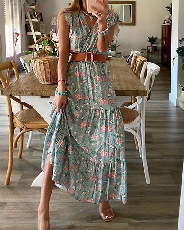 floral print bohemian dress ruffled sleeveless maxi dress with belt p375718