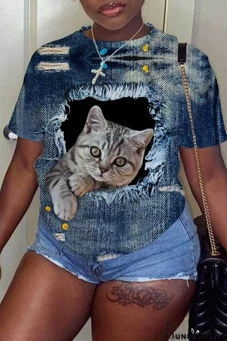 Blue Fashion Casual Print Basic O Neck T-Shirts