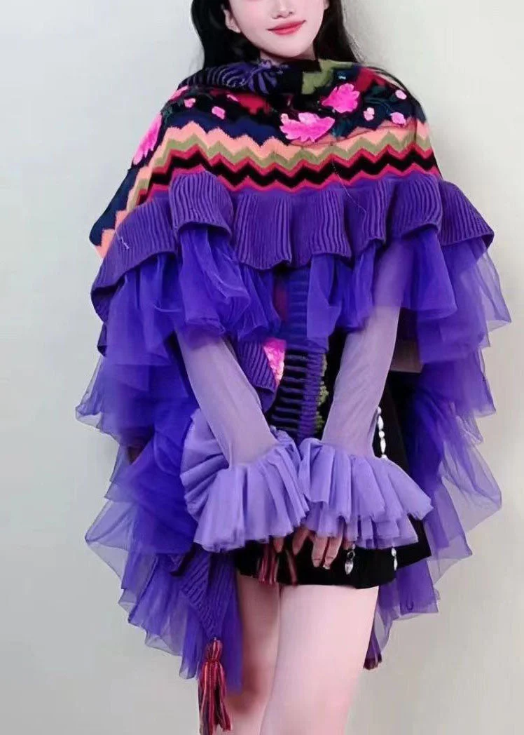 Bohemian Purple V Neck Tulle Patchwork Embroideried Knit Cape Long Sleeve