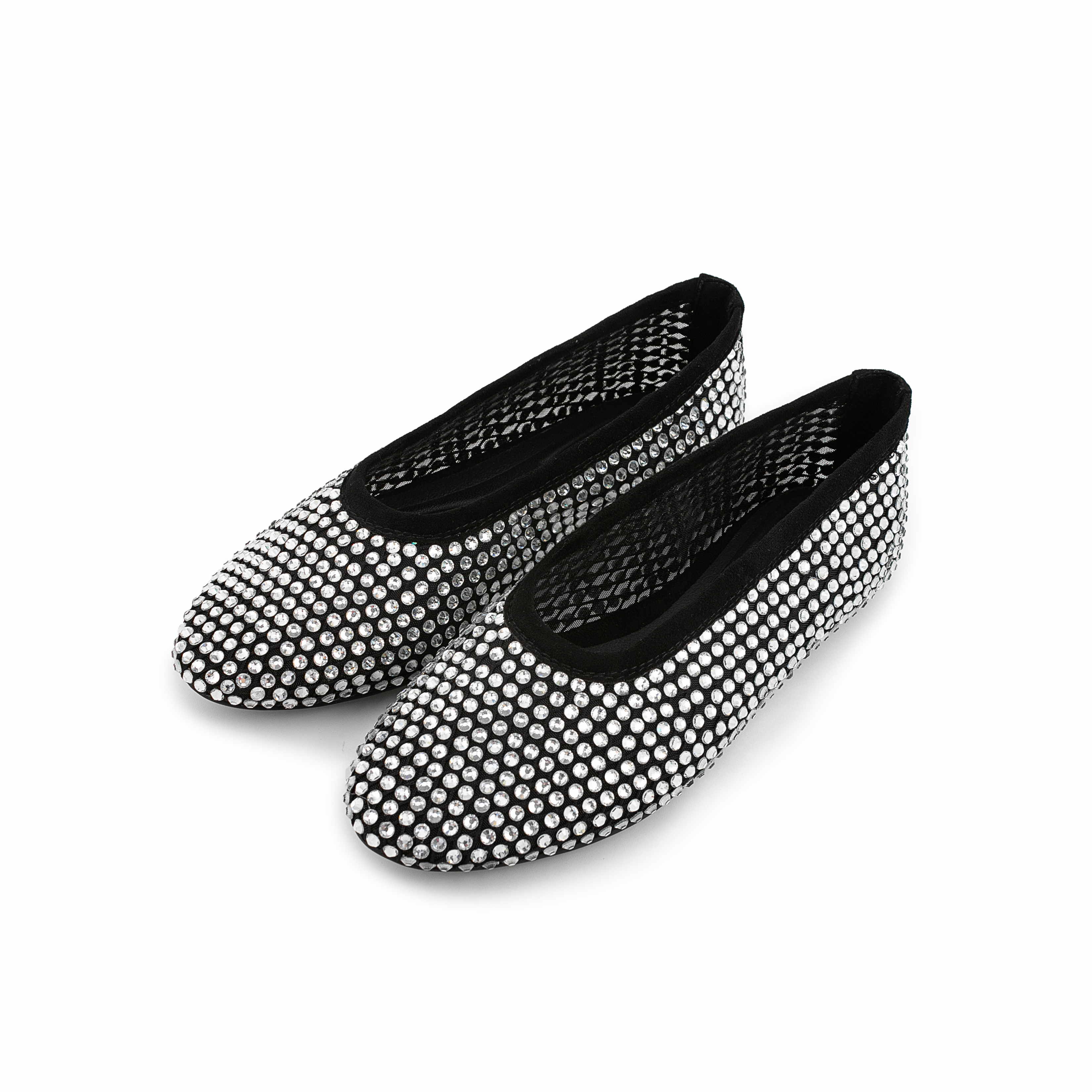 TAAFO Women Black Mesh Loafers Shoes Rhinestone Round Toe Girls Diamond Flats Ballet