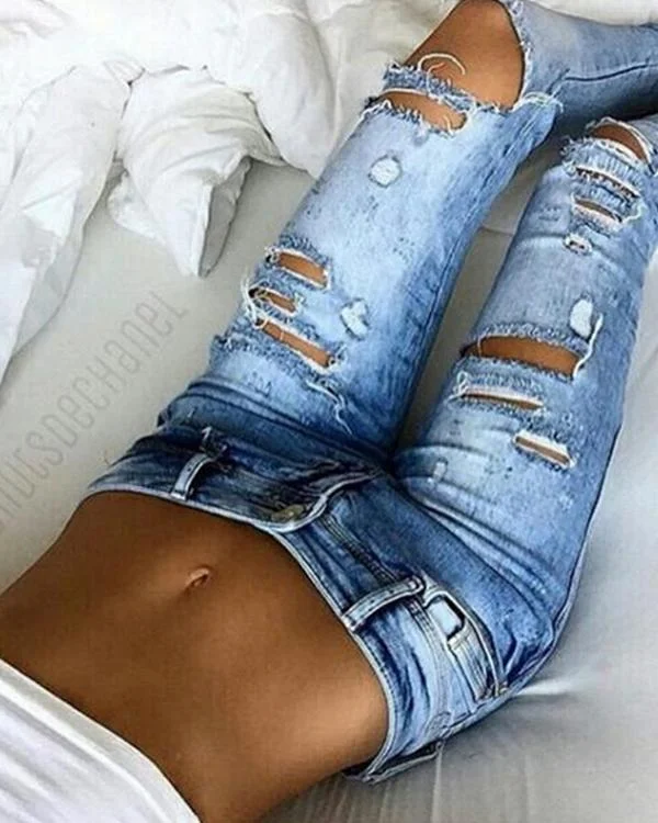 fashion hole elastic denim jeans pants p419645