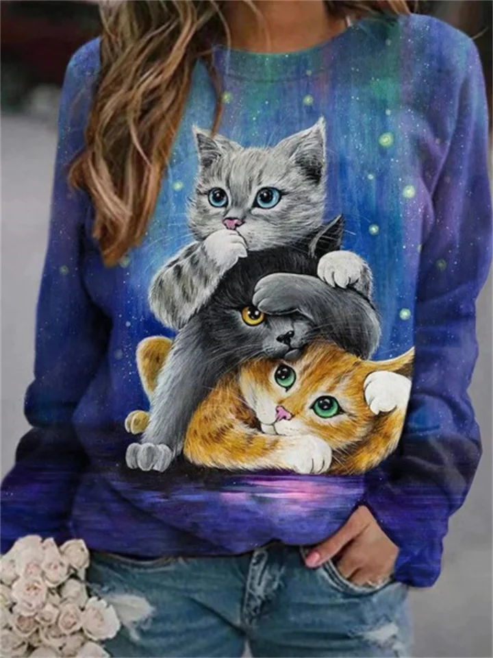 Women's 3D Abstract Pattern Cat Long Sleeve Round Neck T-Shirt Ladies Long Sleeve Top