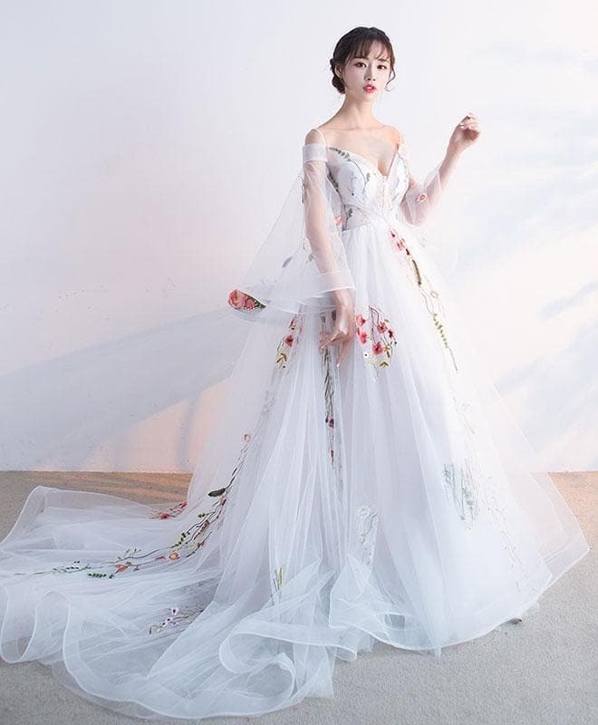 White Tulle Applique Long Prom Dress, White Evening Dress A043