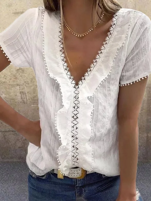 V Neck Cotton-Blend Sleeveless Shirts & Tops Zaesvini