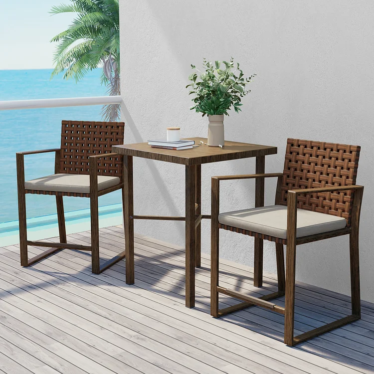 GRAND PATIO 3-Piece Outdoor Counter Height Bistro Set with Wood Grain Texture All-Weather Leather-Look Resin Wicker Bar Set with Market Umbrella Hole Furniture for Patio, Balcony, Garden - Brown