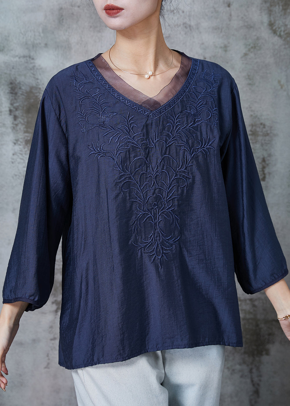 Navy Accent Embroidered Top main image 1