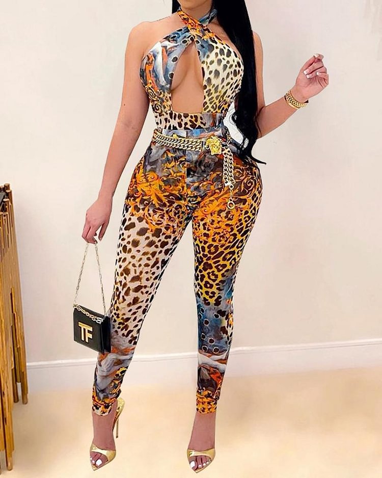 Leopard Print Cross Front Cut Out Casual Jumpsuit Without Chain - Shop Trendy Women's Clothing | LoverChic