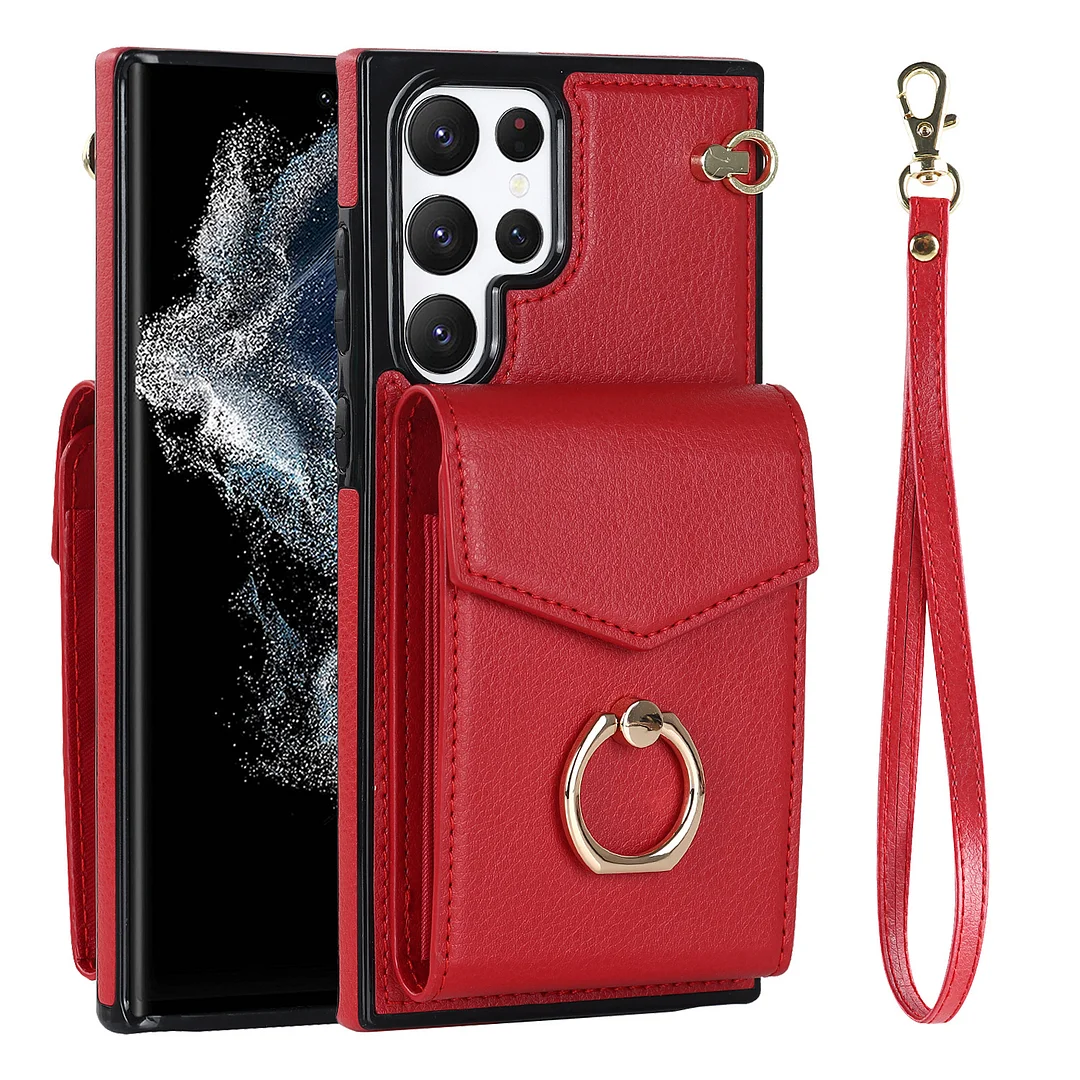 Creative Organ Wallet Card Holder Leather Case With Adjustable Ring Phone Stand And Lanyard For Galaxy S22/S22+/S22 Ultra/S23/S23+/S23 Ultra