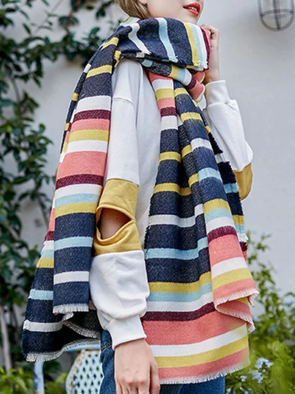 Contrast Color Fringed Keep Warm Multi-Colored Striped Shawl&Scarf