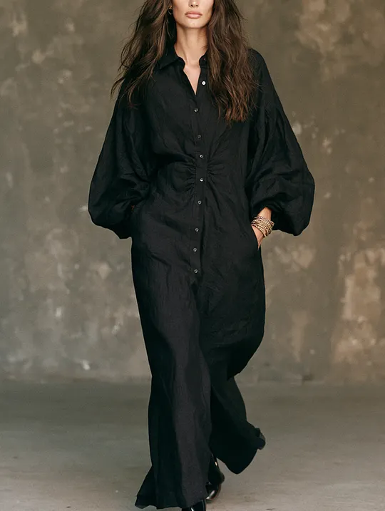 Women's Casual Black Long-sleeved Woven Maxi Dress MD