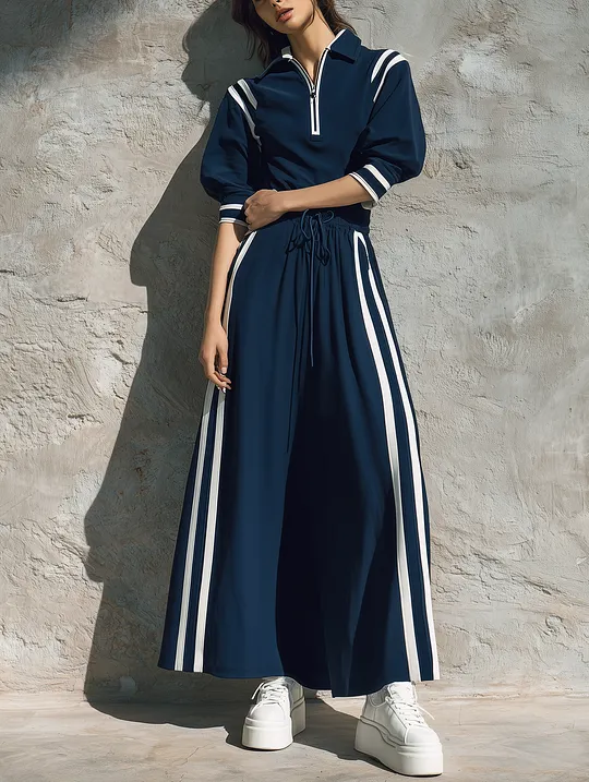 Women's Casual Short-sleeve Maxi Dress In Navy Blue Sweatshirt Fabric MD