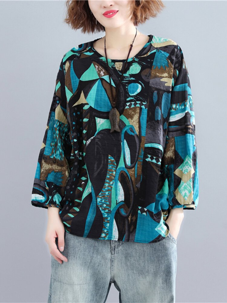 Abstract Geo Stripe Print Long Sleeve O-neck Blouse
