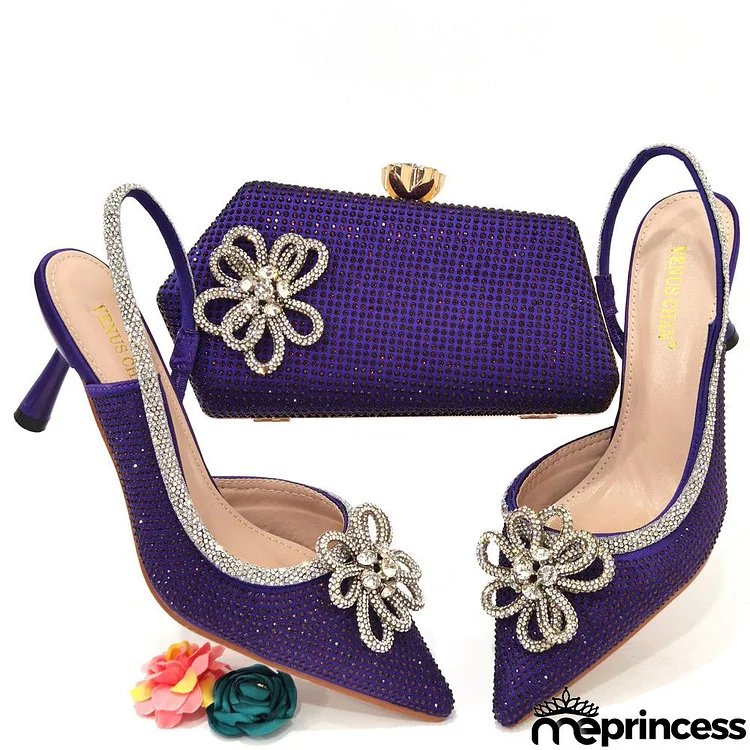 Women Fashion Pointed Toe Floral Rhinestone Sandals With Floral Evening Bag Set