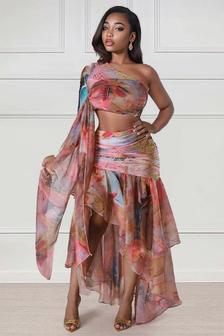 Mesh Pattern Print One Shoulder Crop Top Sash Ruched Ruffled Maxi Skirt Matching Set