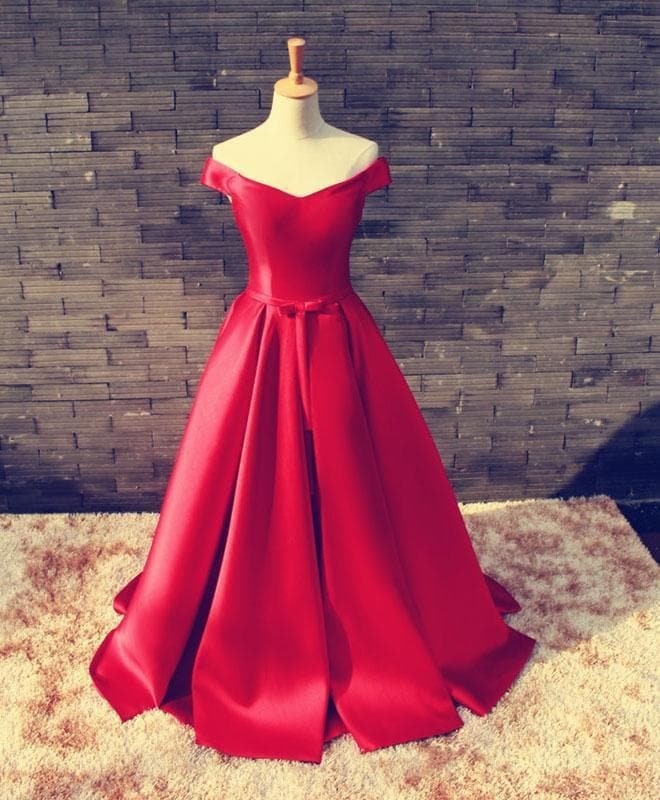 Red V Neck Satin Long Prom Gown, Formal Dress