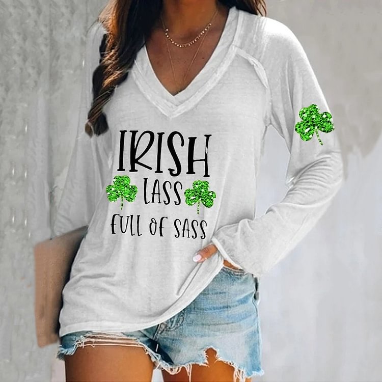 Comstylish St. Patrick's Irish Lass Full of Sass Bling Print T-shirt