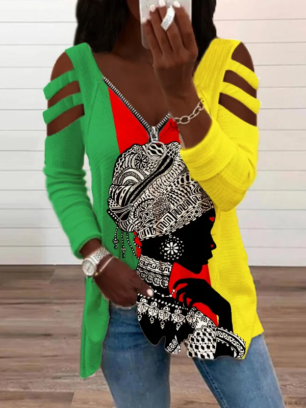 Beautiful Black Women Graphic Rasta Hollow Shoulder T Shirt